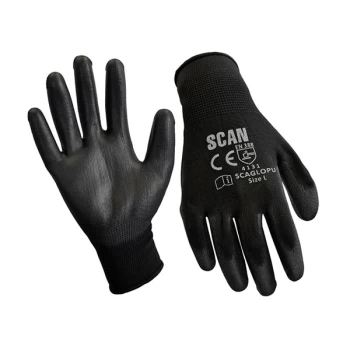 Scan SCAGLOPU12M Black PU Coated Gloves - M (Size 8) (12 Pairs)