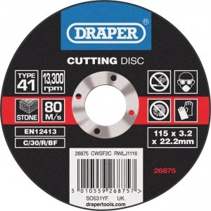 Draper Flat Stone Cutting Disc 115mm 3.2mm 22mm