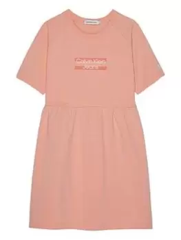 Calvin Klein Jeans Girls Hero Logo Short Sleeve T-Shirt Dress - Fresh Cantaloupe, Light Orange, Size 12 Years, Women