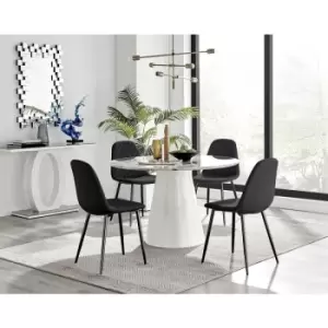 Furniturebox Palma White Marble Effect 120cm Round Minimalist Dining Table & 4 Black Corona Faux Leather Dining Chairs with Black Legs Diamond Stitch