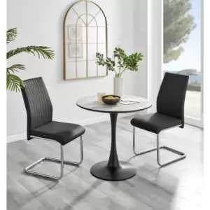 Furniturebox UK - Furniturebox Elina White Marble Effect Modern 80cm Round Dining Table & 2 Black Lorenzo Faux Leather Chairs