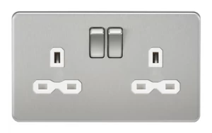 KnightsBridge 2G DP 13A Screwless Brushed Chrome 230V UK 3 Pin Switched Electric Wall Socket - White Insert