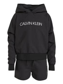 Calvin Klein Jeans Girls Logo Boxy Hoodie Sweatshorts Set - Black, Size Age: 10 Years, Women