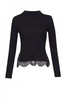 French Connection Nicola Knits Lace High Neck Jumper Black