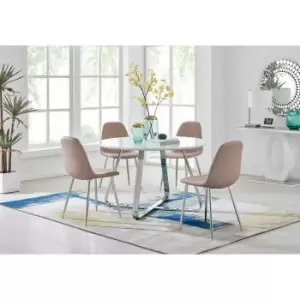 Furniture Box Santorini White Round Dining Table and 4 Cappuccino Corona Silver Leg Chairs