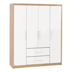 Seconique Seville 4 Door 2 Drawer Wardrobe - White Gloss/Light Oak Effect Veneer