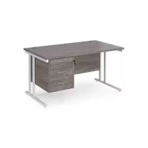 Maestro 25 straight desk 1400mm x 800mm with 3 drawer pedestal - white cantilever leg frame and grey oak top