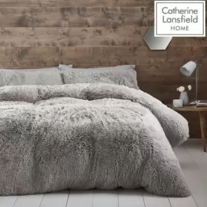 Cuddly Deep Pile Shaggy Faux Fur Fleece Duvet Cover Set, Silver, Double - Catherine Lansfield