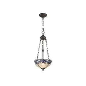 2 Light Uplighter Ceiling Pendant E27 With 30cm Tiffany Shade, Blue, Clear Crystal, Aged Antique Brass