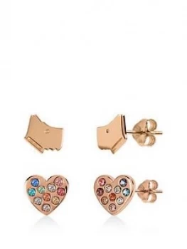 Radley Rose Gold Plated Sterling Silver Dog And Rainbow Crystal Heart Stud Ladies Earrings Set