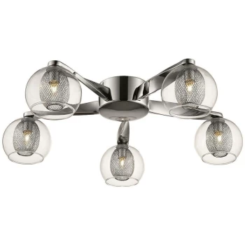 5 Light Flush Multi Arm Mesh Ceiling Light Chrome, Clear, G9 - Spring Lighting