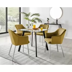 Furniturebox UK - Furniturebox Seattle Glass and Black Metal Leg Square Dining Modern Industrial Dining Table & 4 Mustard Calla Silver Leg Velvet