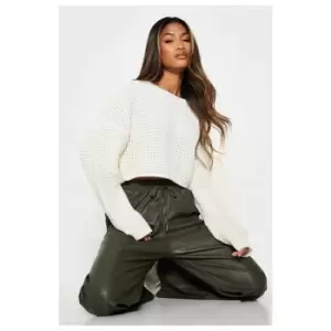 I Saw It First Waffle Knitted Oversized Cropped Jumper - Brown