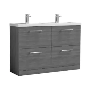 Nuie Arno 1200mm Floor Standing 4 Drawer Vanity & Double Polymarble Mid-Edge Basin Anthracite Woodgrain