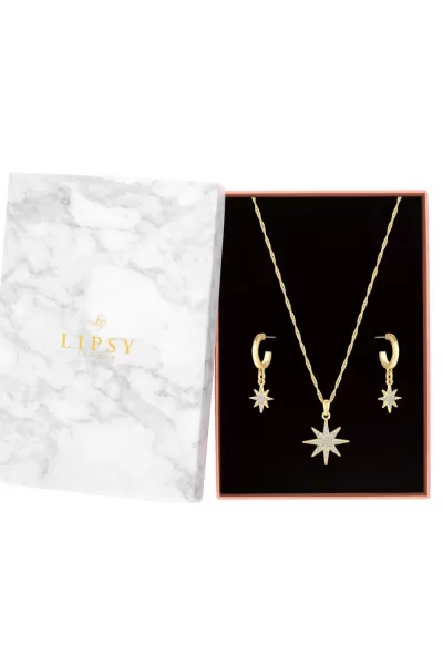 Gold Celestial Y Drop Necklace And Earring Set - Gift Boxed