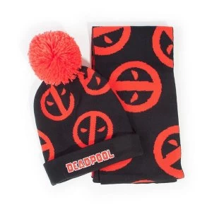 Marvel Comics - Deadpool Symbol Unisex Bobble Beanie & Scarf Gift Set - Black/Red