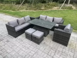 Fimous 7 Seater Outdoor Dark Grey Wicker PE Rattan Garden Furniture with Adjustable Rising Lifting Dining Table and 2 Stools