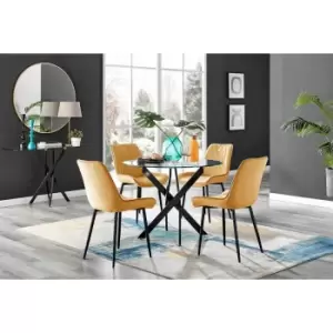 Furniture Box Novara Black Leg Round Glass Dining Table and 4 Mustard Pesaro Black Leg Chairs