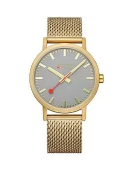 Mondaine Classic Golden 40Mm Case Good Grey Watch With Mesh Bracelet