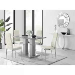 Furniturebox Imperia 4 High Gloss Grey Modern Dining Table and 4 Cream Milan Faux Leather Dining Chairs With Silver Legs Diamond Stitch Modern