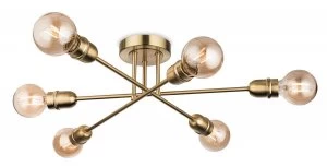 6 Light Multi Arm Semi Flush Light Brushed Brass, E27