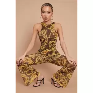 I Saw It First Chocolate Isaw Monogram Scarf Print V-Neck Detail Bodysuit - Brown