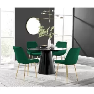 Furniturebox Palma Black Semi Gloss 120cm Round Minimalist Dining Table & 4 Green Pesaro Gold Leg Chairs