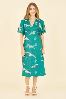 Green Crane Print Kimono Midi Dress