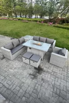 Fimous 7 Seater Outdoor Light Grey Rattan Lounge Complete Sofa Set with Gas Fire Pit Dining Table and 2 Stools