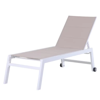 Outsunny Aluminium Garden Sun Lounger Padded Chaise Lounge Reclining Chair with Adjustable Backrest Bed Lounger with Wheels Texteline - White AOSOM UK