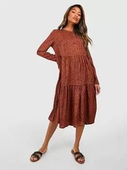 Boohoo Polka Dot Smock Dress - Terracotta, Brown, Size 8, Women