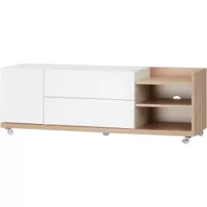 HOMCOM TV Cabinet Stand with Wheels, Drawers and Storage Shelves Living Room - Natural, White