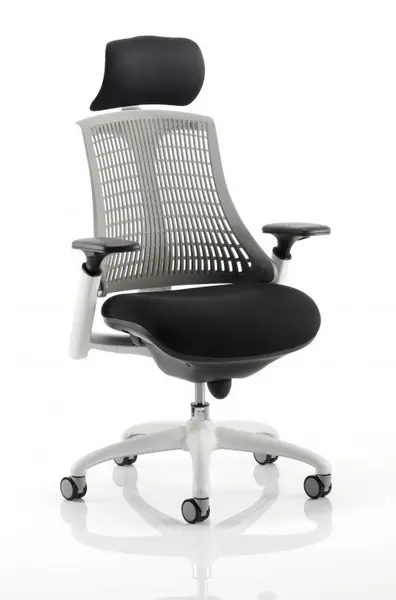 Flex Task Operator Chair White Frame Black Fabric Seat With Grey Back With Arms With Headrest