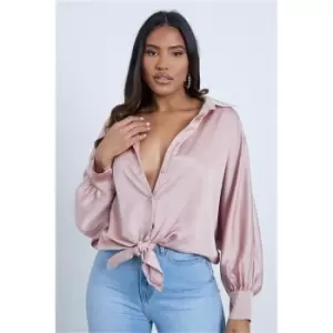 I Saw It First Tie Front Satin Shirt - Brown