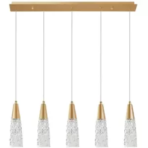 Merano - Connecticut 5 Light Bar Pendant Ceiling Light Brushed Gold Steel, Clear Structured Glass LED G9