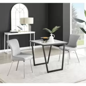 Furniturebox UK - Furniturebox Carson White Marble Effect Square Dining Table & 2 Light Grey Nora Silver Leg Velvet Chairs