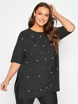 Yours Pearl Embellished Top, Grey, Size 18, Women