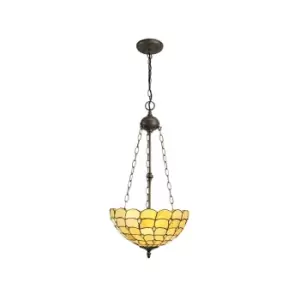 3 Light Uplighter Ceiling Pendant E27 With 40cm Tiffany Shade, Beige, Clear Crystal, Aged Antique Brass