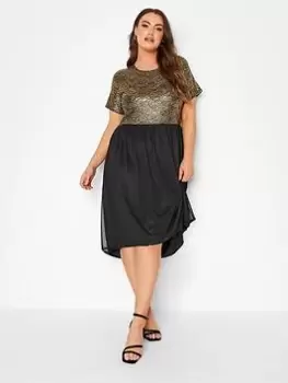 Yours Top Mesh Skirt Dress - Gold, Black, Size 22-24, Women