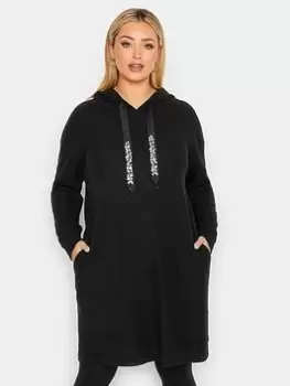 Yours Embellished Tie Rib Hoodie Dress - Black, Size 26-28, Women