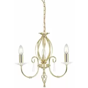 Loops - 3 Bulb Chandelier Cut Glass Droplets Central Curved Stem Polished Brass E14 60W