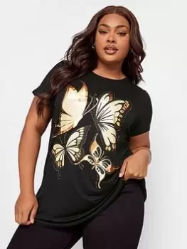 Yours Embellished And Foil Glitter Printed T-Shirt, Black, Size 30-32, Women