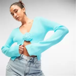 Missguided Rib Rosette Detail Flare Sleeve Knit Cardigan - Blue