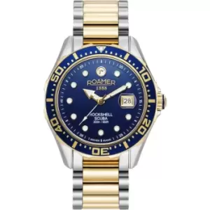 Mens Roamer Stainless Steel Rockshell Scuba Rockshell Mark III Scuba Blue Dial Yellow Gold Bicolour Bracelet