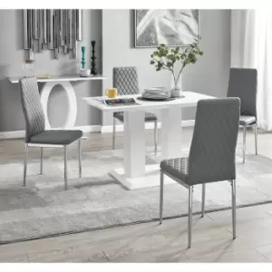 Furniturebox UK - Furniturebox Imperia 4 High Gloss White Modern Dining Table And 4 Elephant Grey Milan Faux Leather Dining Chairs With Silver Legs