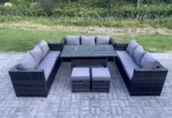 Fimous 9 Seater Outdoor Dark Grey Wicker Rattan Lounge Complete Sofa Set with Side Tables and 2 Stools