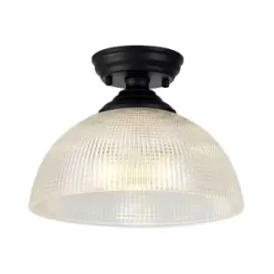 Luminosa Talisa Flush Ceiling Lamp E27 With Round 30cm Prismatic Effect Glass Shade Matt Black, Clear