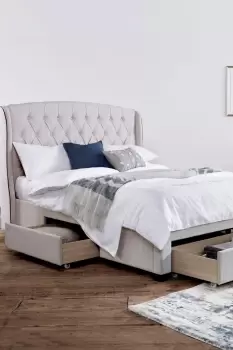 Elise Stone Winged Upholstered Drawer Storage Bed Frame