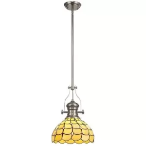 1 Light Telescopic Ceiling Pendant E27 With 30cm Tiffany Shade, Polished Nickel, Beige, Clear Crystal - Luminosa Lighting