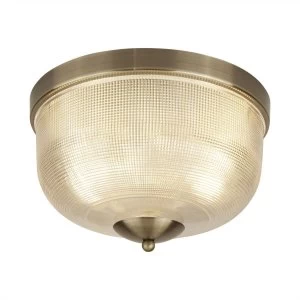 2 Light Flush Ceiling Light Antique Brass, Glass Shade, E27